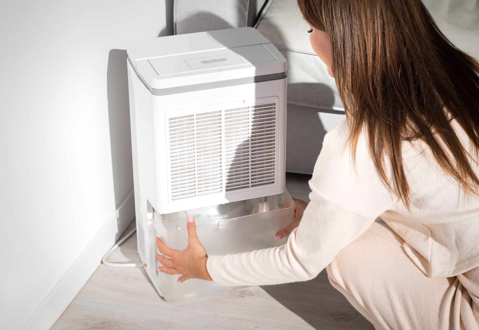 A woman changing the water container in an air dryer, dehumidifier, and checking the humidity indicator.