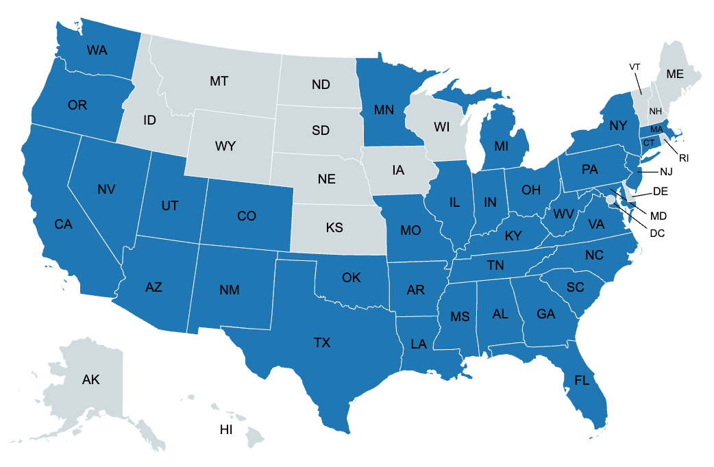 A blue and white map of the united states