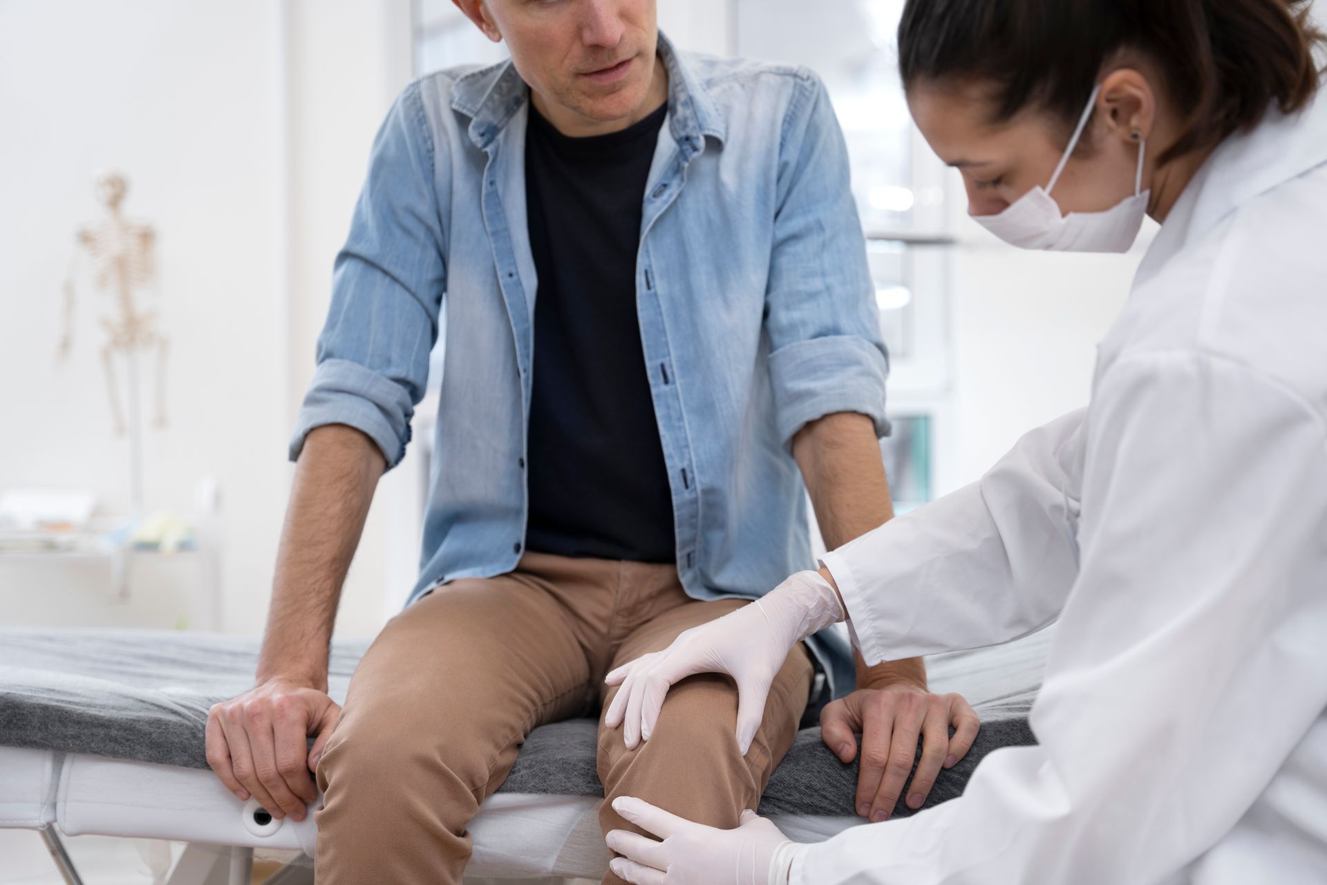 A doctor is examining a patient 's knee in a hospital. 