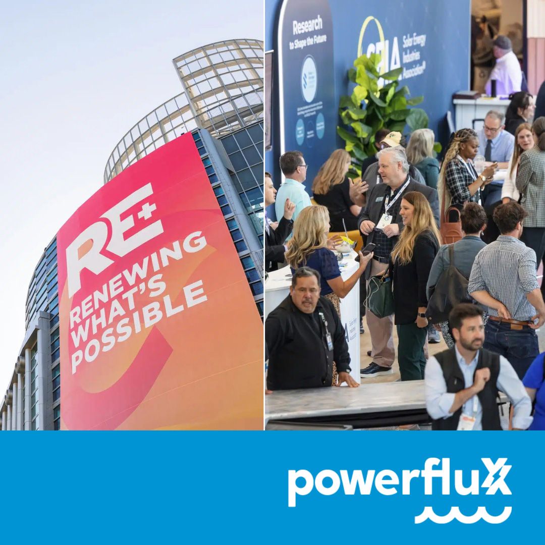 Ein Banner auf einem Gebäude, das sagt, erneuern, was möglich ist, daneben sind einige Menschen in einer Messehalle zu sehen. Darunter das Logo von powerfluxx