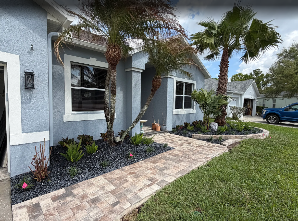 Flagstone's Union Cream/Beige/Charcoal Paver Walkway with Coordinating Munich Garden Wall