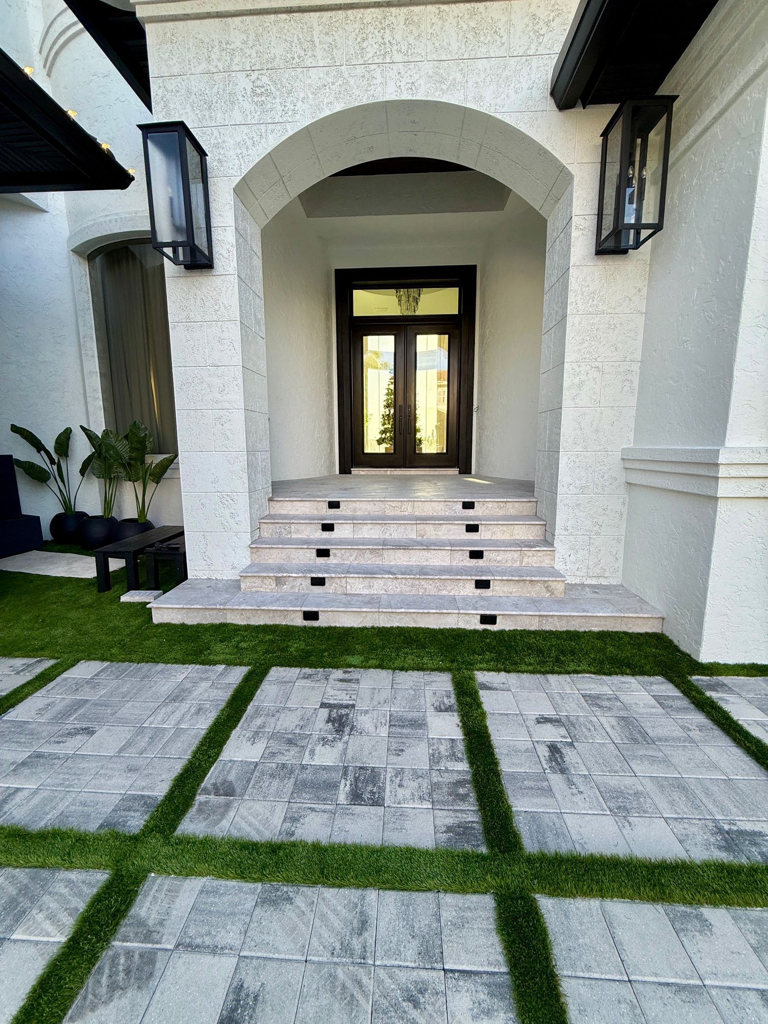 Commonwealth White Pewter Pavers with Turf Inlay with Talya Light Marble Stairs