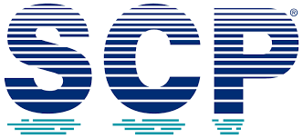 The letters scp are written in blue and green stripes on a white background.