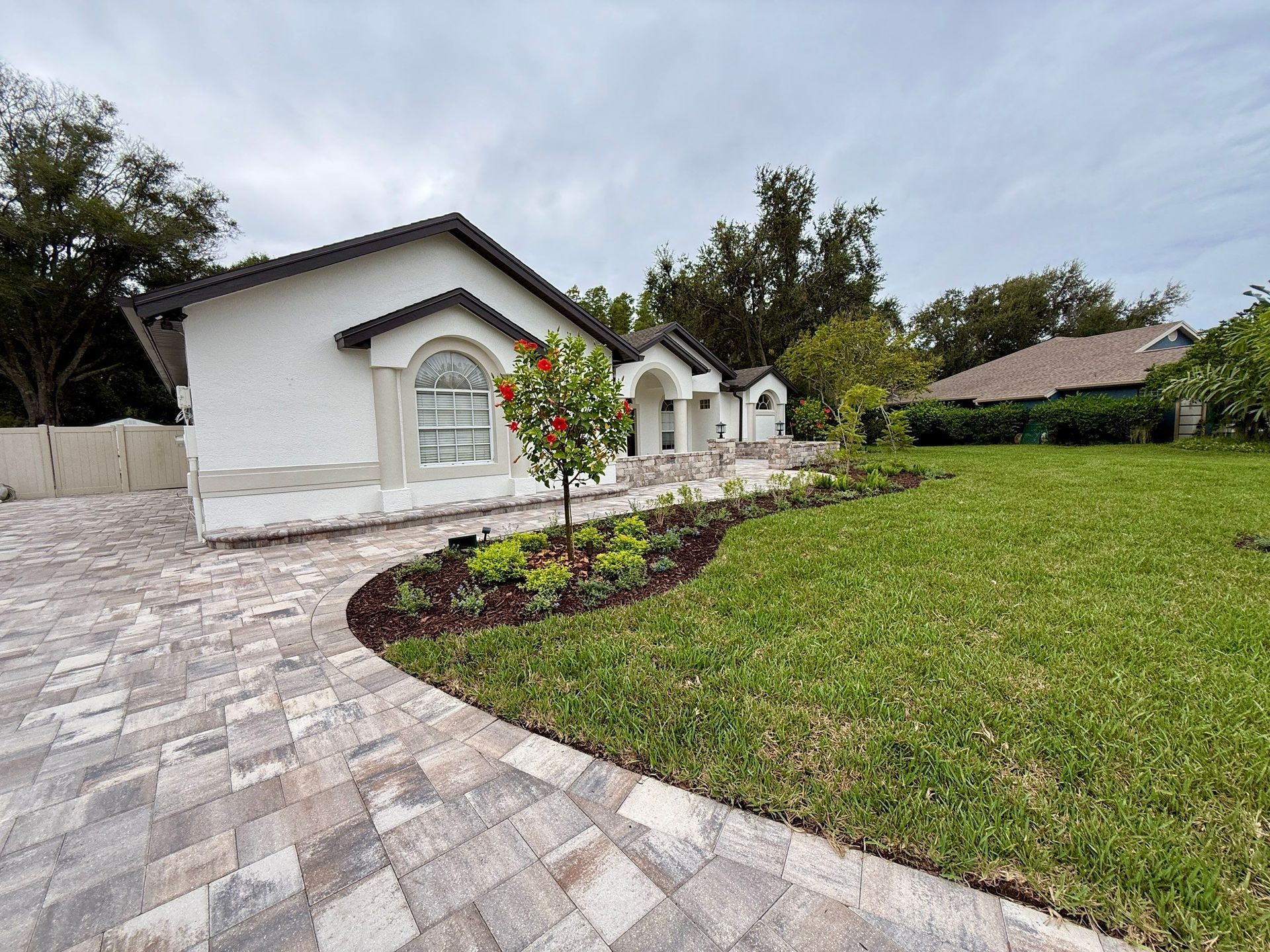 Victory White Tan Charcoal Front Entry with Landscaping