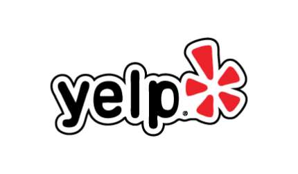 A yelp logo with a red star on a white background.