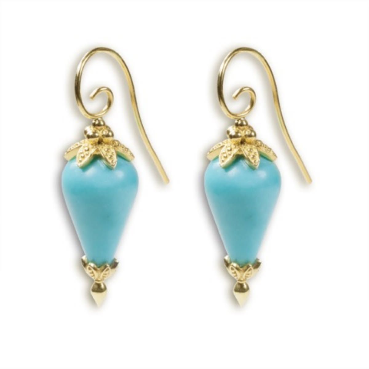 Pair of turquoise teardrop earrings with gold swirl hooks and floral accents