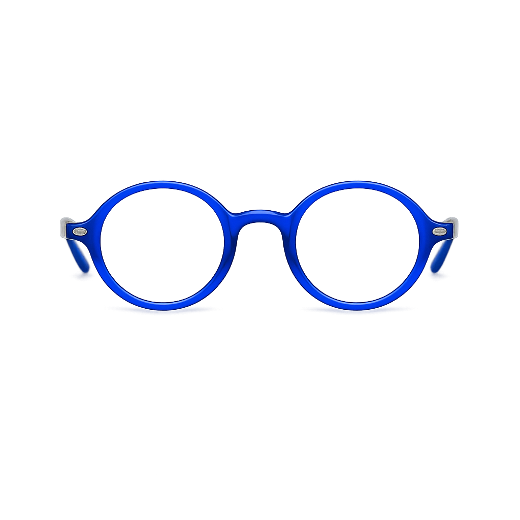 Blue round eyeglasses with clear lenses on a white background