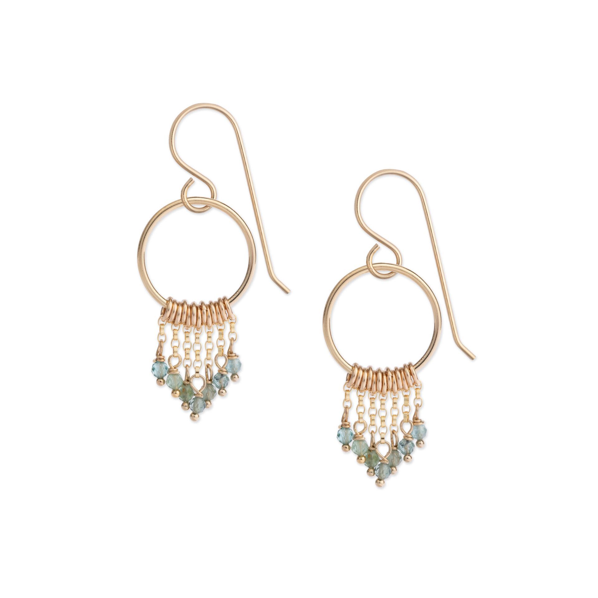 Gold hoop earrings with dangling turquoise and pearl beads