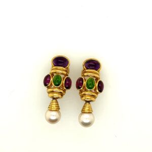 Gold earrings with green and red gemstones and pearl drops