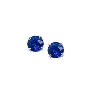 Pair of round blue gemstone stud earrings on a white background