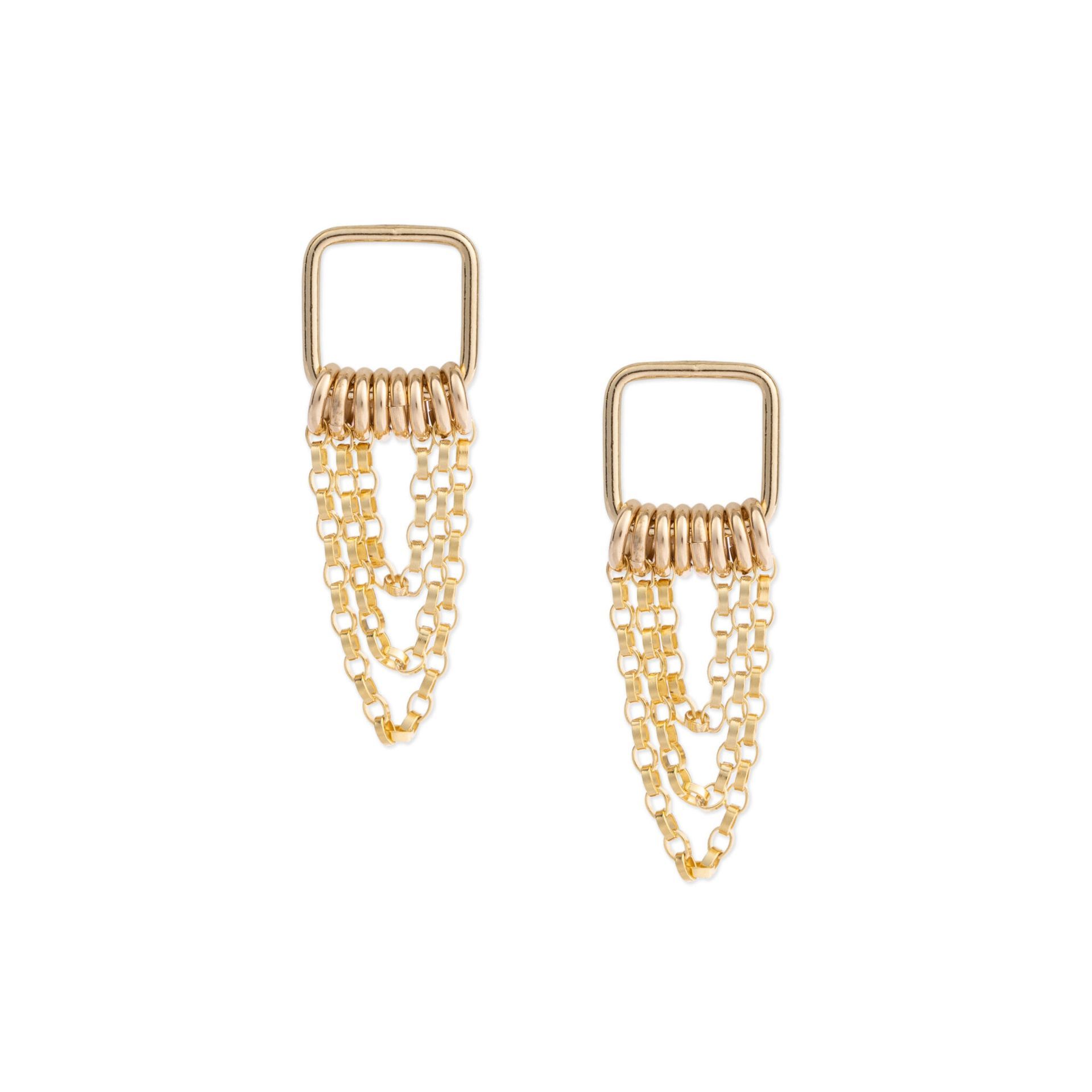 Pair of gold chain drop earrings with square tops on a white background
