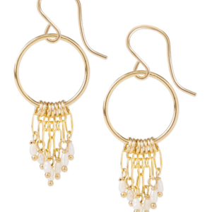 Gold hoop earrings with dangling white bead tassels