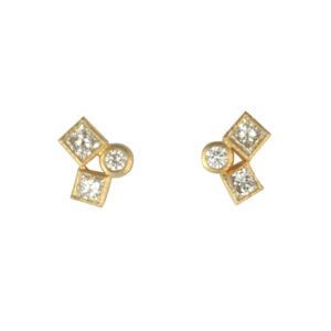 Pair of gold and silver geometric stud earrings with clear stones on a white background