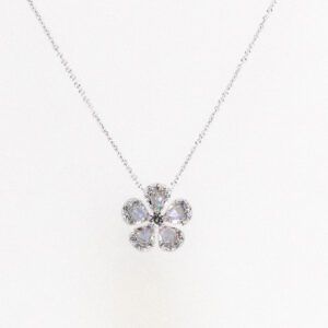 Silver flower pendant necklace with five clear gemstones on a fine chain