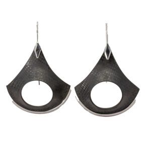 Pair of black teardrop-shaped hanging earrings with silver hooks and large circular cutouts