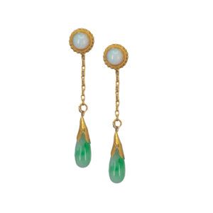 Pair of gold dangle earrings with blue round stones and green teardrop pendants