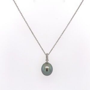 Silver necklace with a gray pearl pendant on a white background