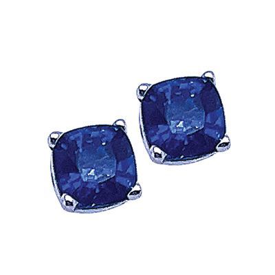 Pair of square blue gemstone stud earrings with silver prongs