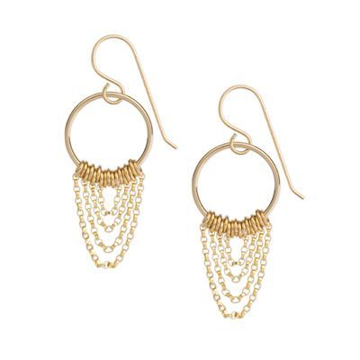 Gold hoop drop earrings with chain fringe on a white background
