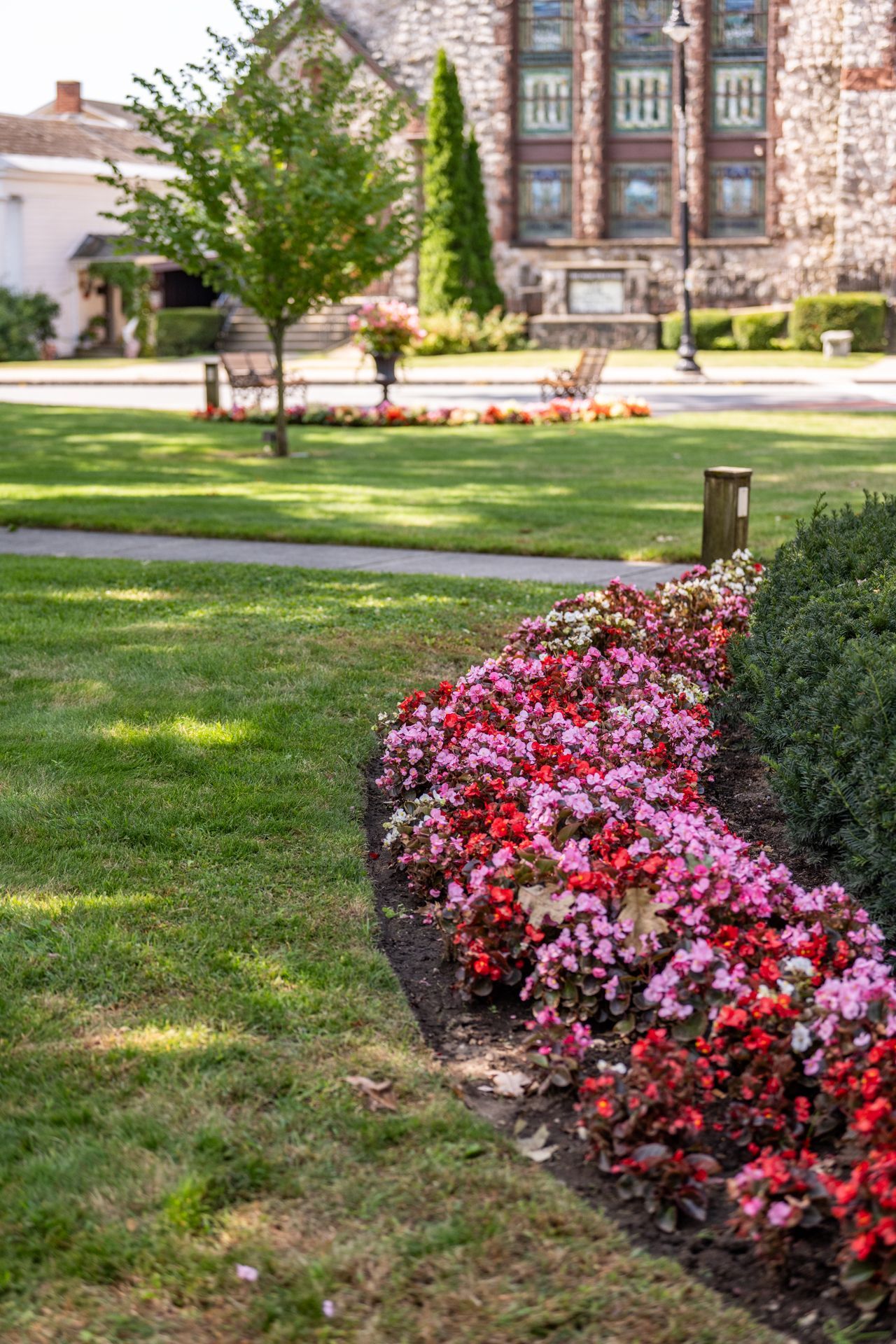 A garden with red and pink flowers in front of a church.