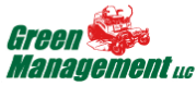 The logo for green management llc shows a man riding a lawn mower.