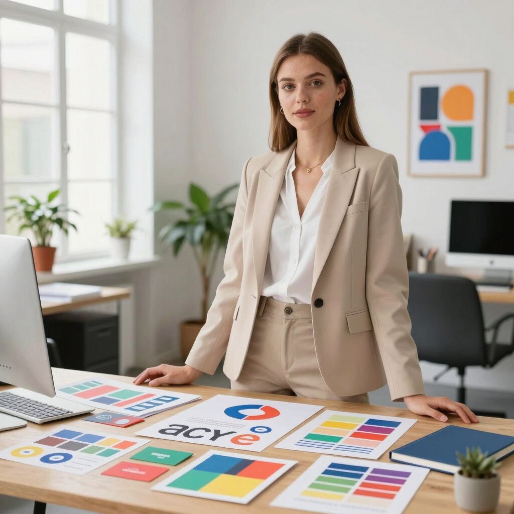 Woman in beige suit standing at desk with colorful design layouts in an office setting.