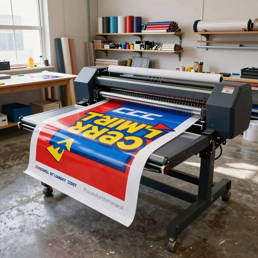 Large format printer producing a colorful sign in a workshop.