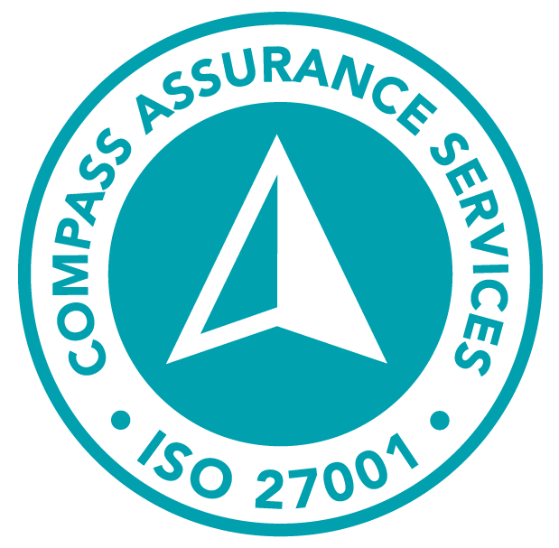 Blue and white Compass Assurance Services ISO 27001 logo with compass icon.