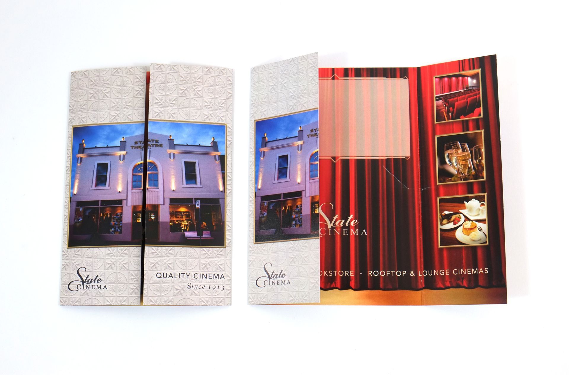 Restaurant menu, tri-fold design. Exterior photo of building on front, interior dining photos and menu text on the inside.