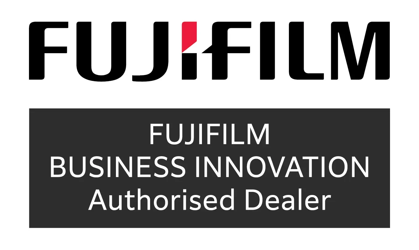 Fujifilm Business Innovation authorized dealer logo: Black text, red graphic, on dark gray rectangle.