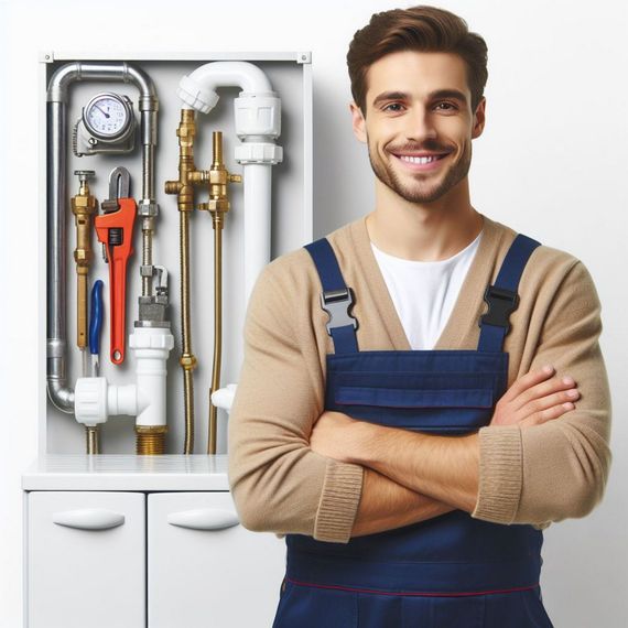 A man in overalls is standing in front of a cabinet full of pipes and tools