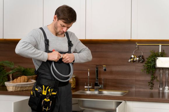 A man is fixing a sink in a kitchen.