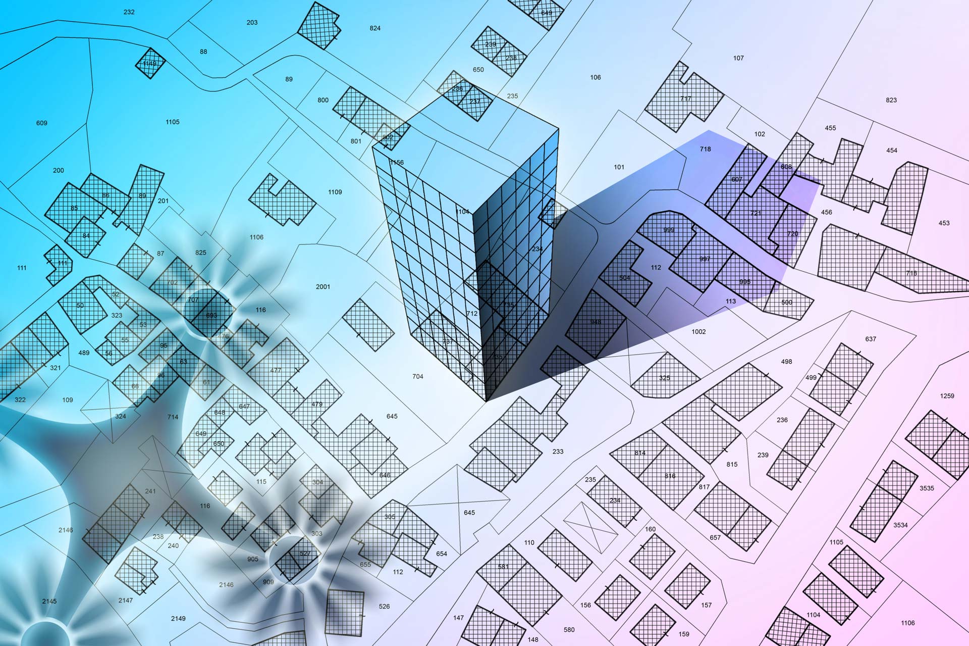 Eine Zeichnung einer Stadt mit einem Gebäude in der Mitte