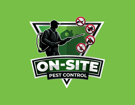 On-Site Pest Control logo with silhouette worker and pest icons on green background