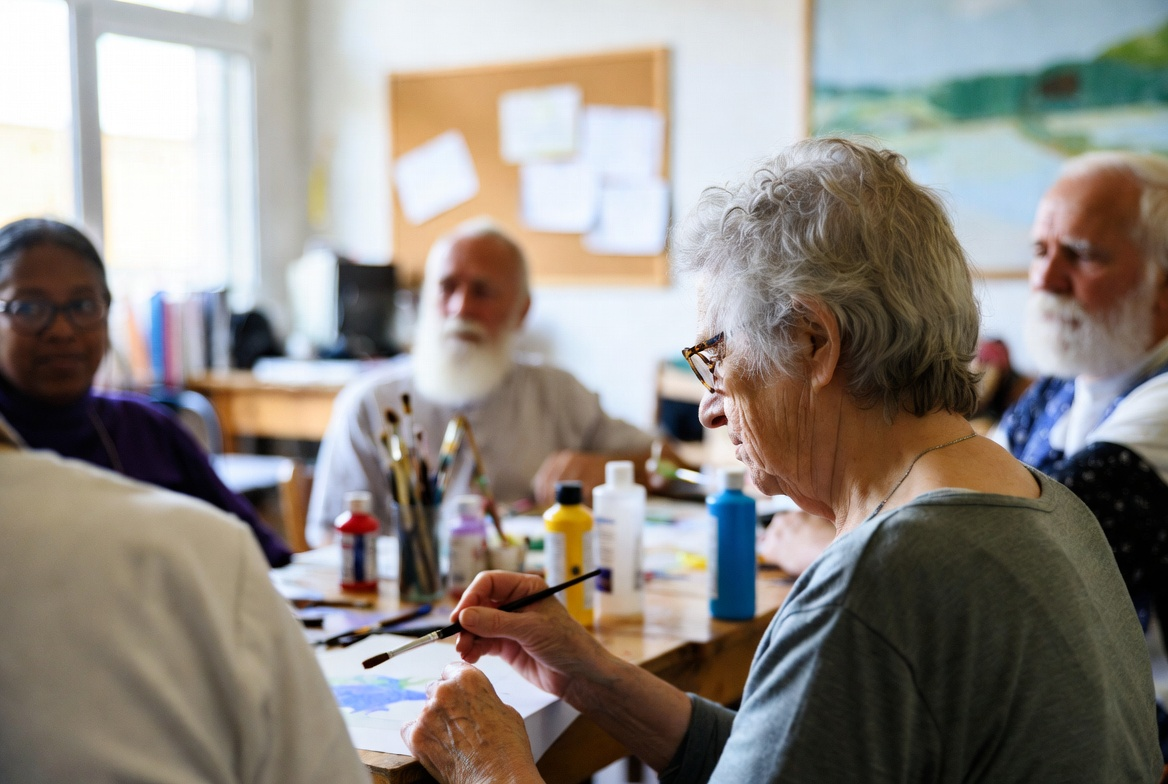 People painting at a table in a well-lit room. Paintbrushes, paint bottles, and a bulletin board are visible.