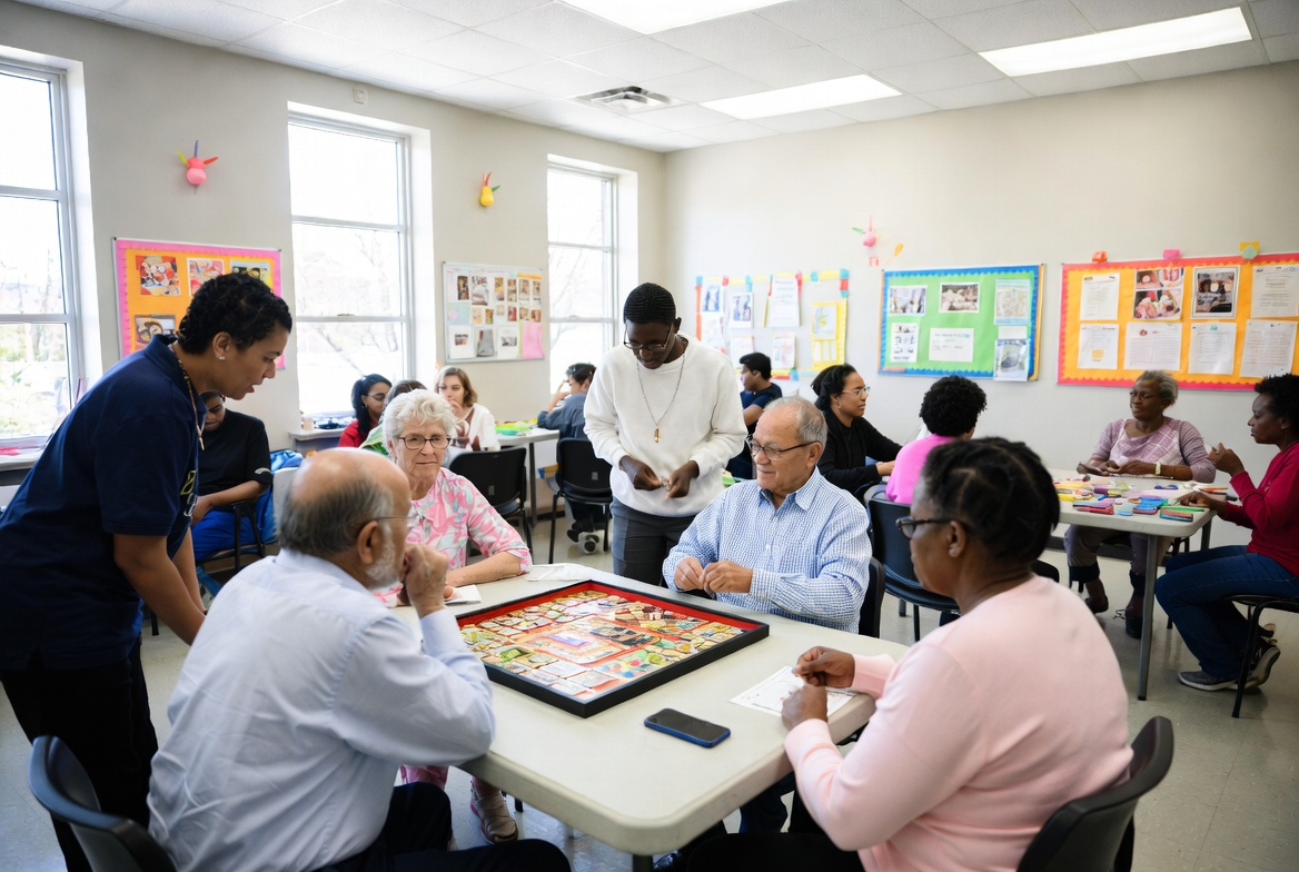 People playing games and interacting in a brightly lit room. Two staff members are assisting.
