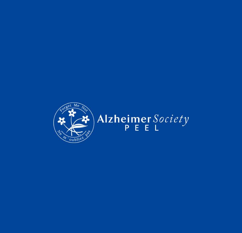 Alzheimer Society Peel logo: white floral emblem and text on blue background.