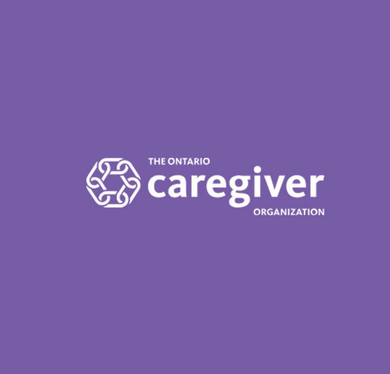 Logo for The Ontario Caregiver Organization: White linked circles icon, white text on purple background.