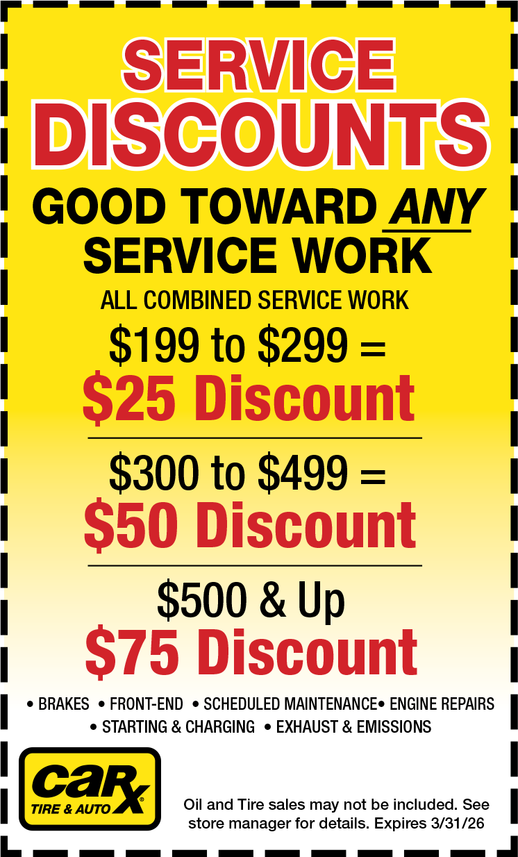 Car repair shop service discount advertisement: $25 off $199-$299, $50 off $300-$499, and $75 off $500+.