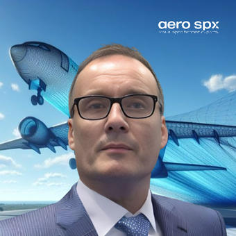 A man in a suit and tie stands in front of an aero spx logo