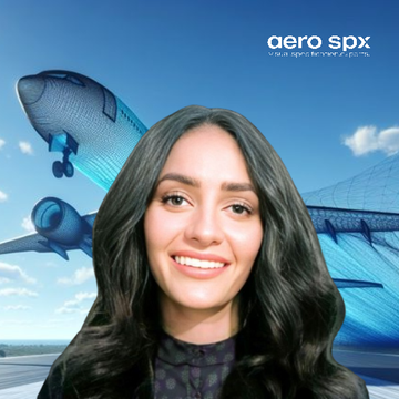 A woman is smiling in front of an aero spx logo