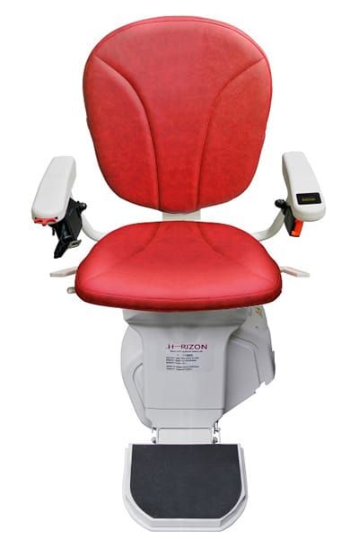 A red chair with a white frame and arm rests on a white background