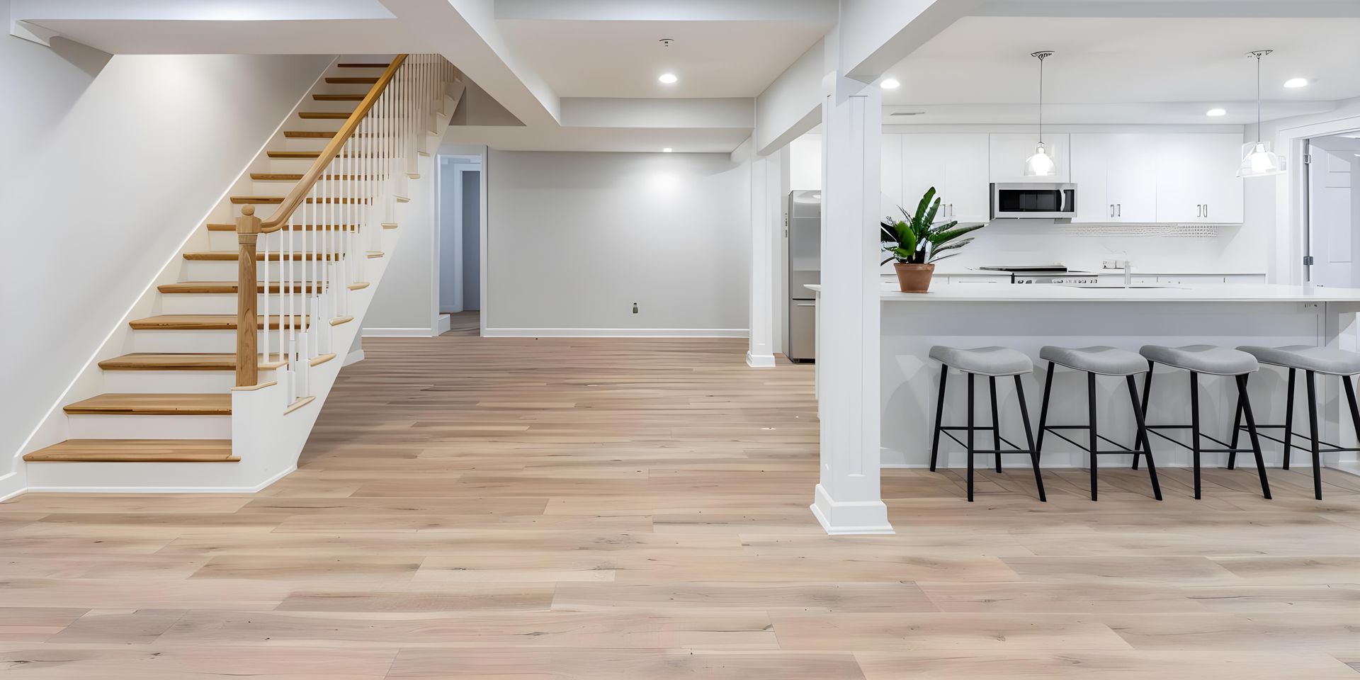 A basement with hardwood floors , stairs , a kitchen and a bar.