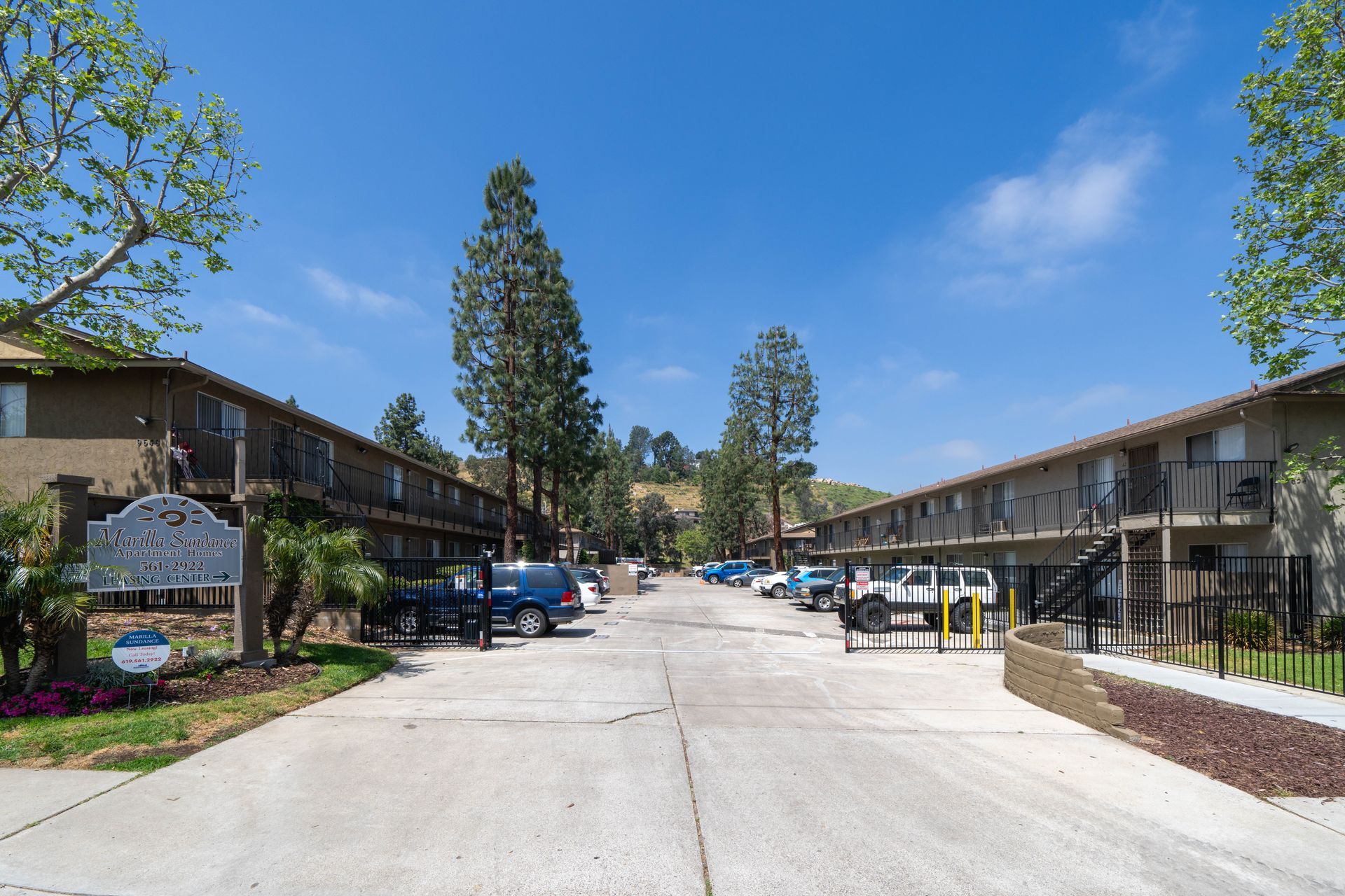 A row of apartment buildings with cars parked in front of them on a sunny day.