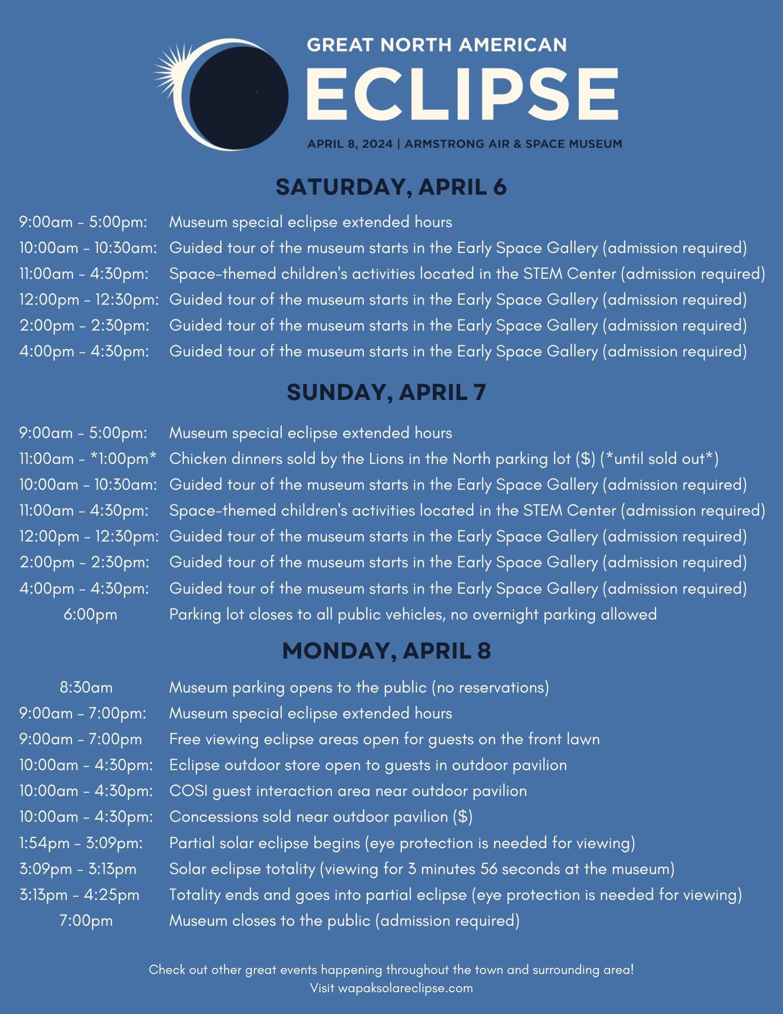 A poster with details about events leading up to the April 8, 2024, solar eclips.