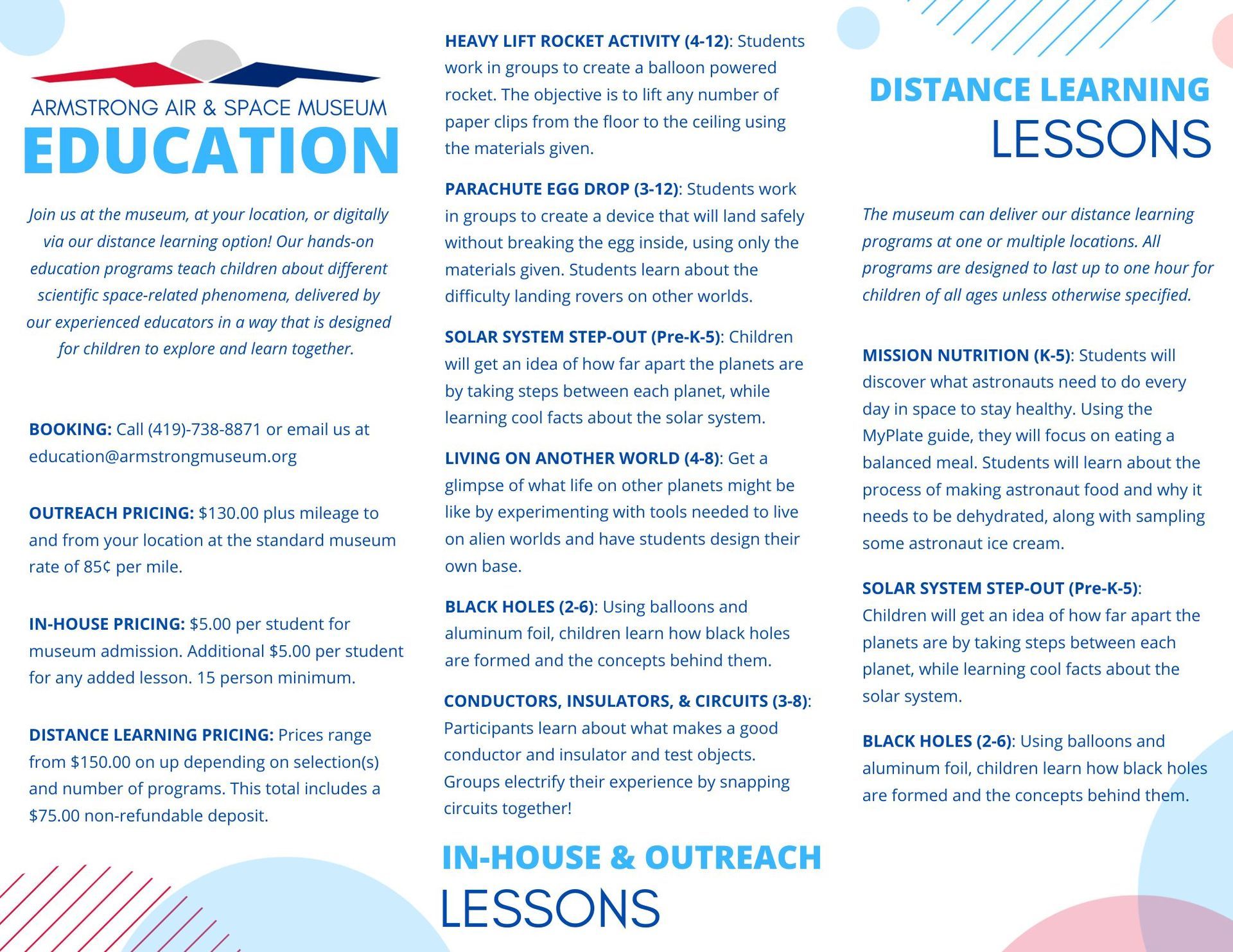 A brochure for distance learning lessons in house and outreach lessons