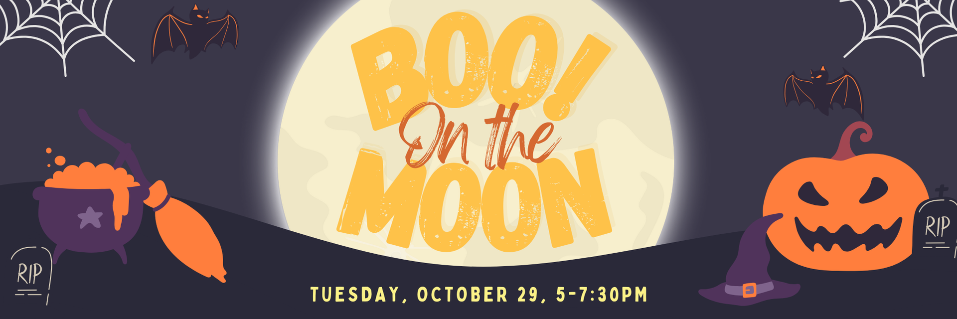 A halloween poster with pumpkins and the words Boo on the moon.