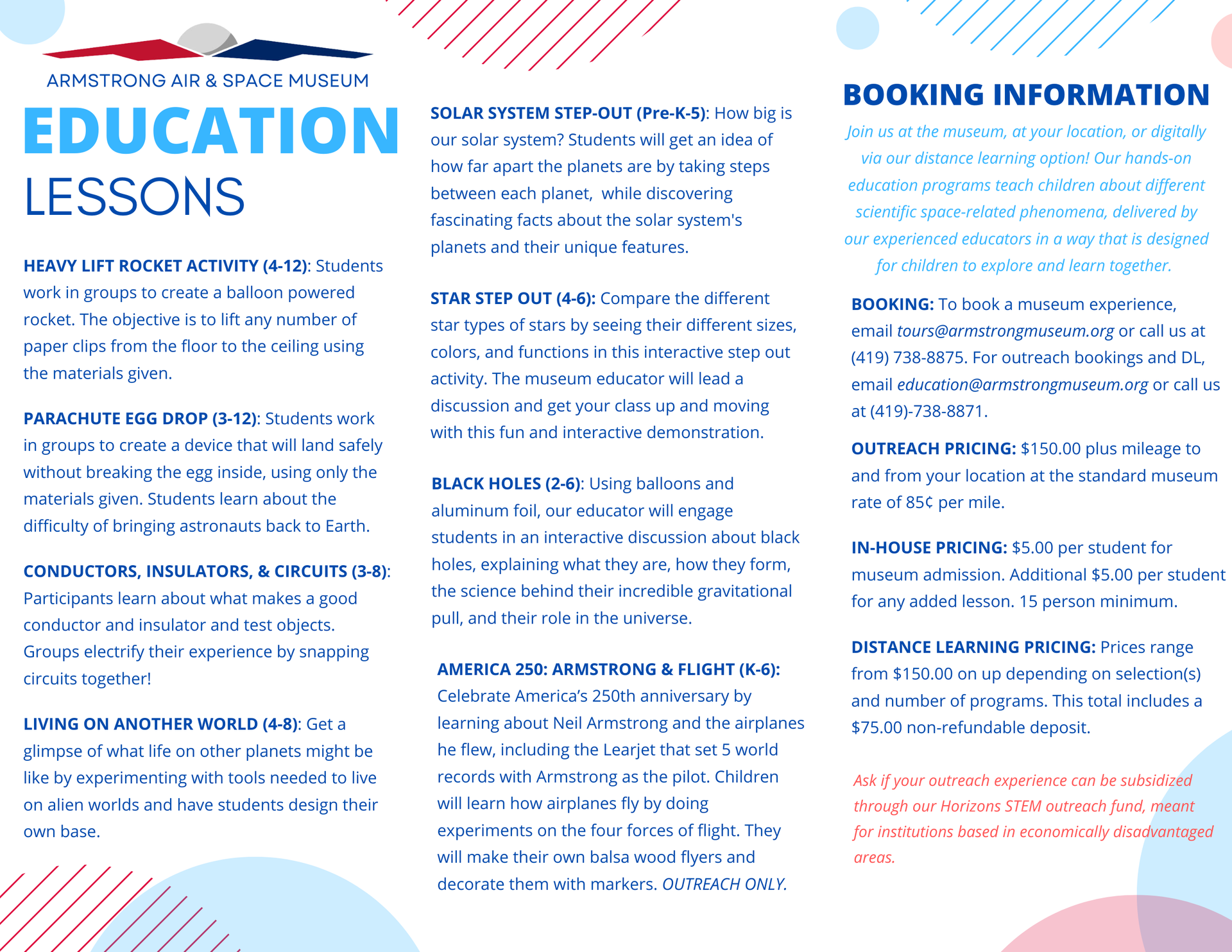 A brochure for distance learning lessons in house and outreach lessons