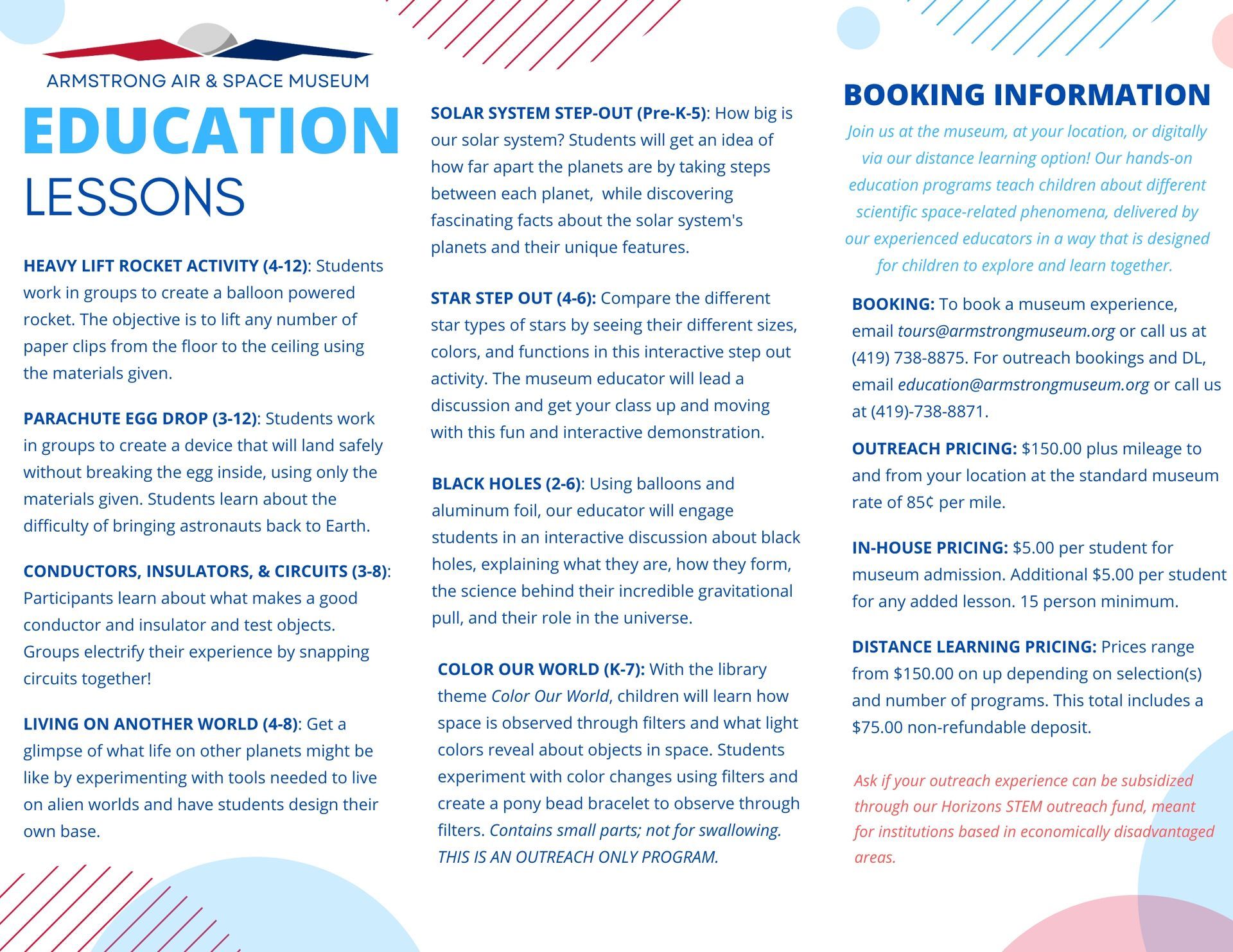 A brochure for distance learning lessons in house and outreach lessons