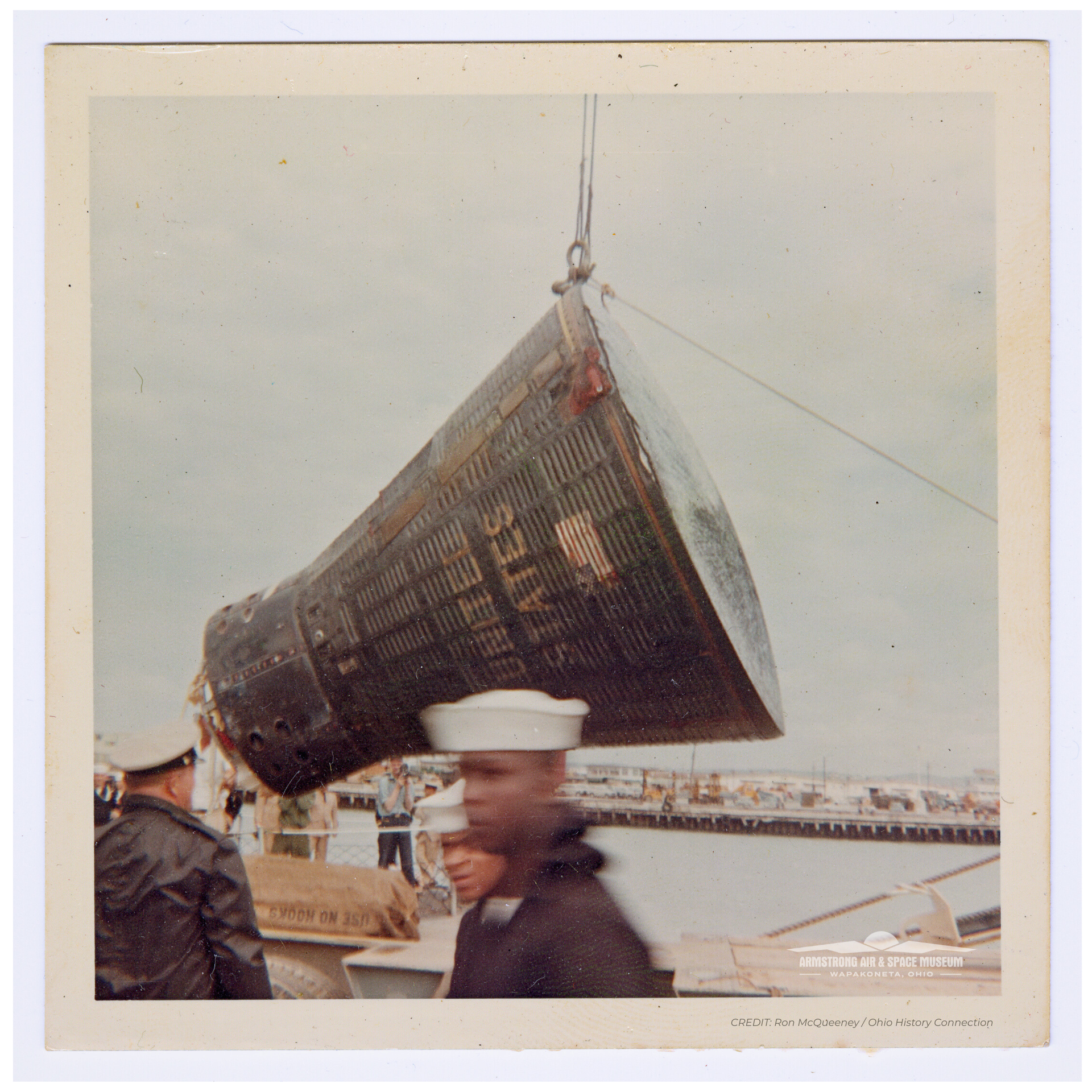 The Gemini VIII being lifted off the USS Mason in Okinawa, Japan, March 1966.
